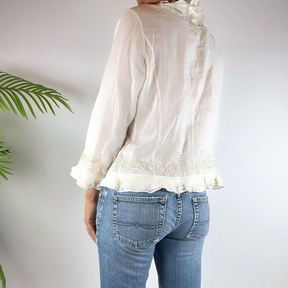 Vintage Neiman Marcus White Floral Cottagecore Ruffle Linen Button Up / Small - Picture 3 of 7